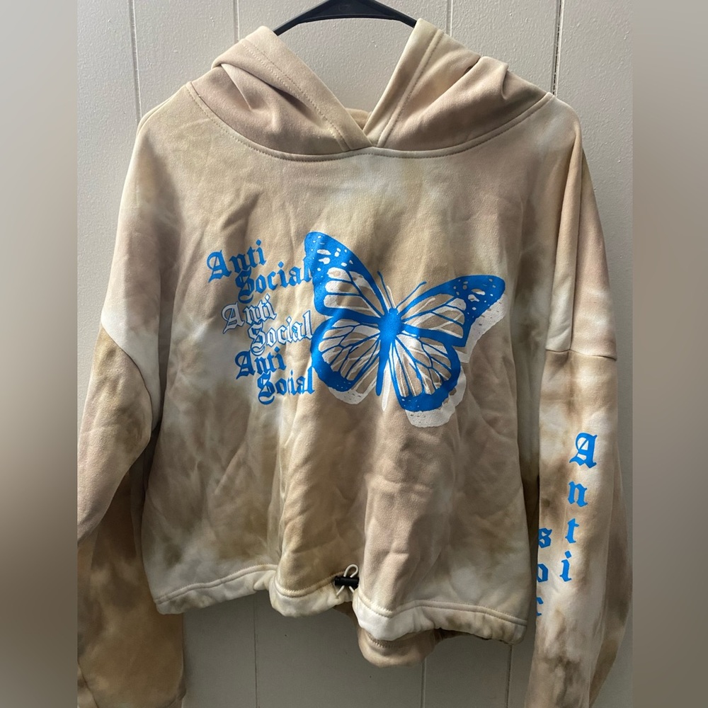 Trendy Cropped Draw String Tie Dye “Anti Social” Butterfly Sweatshirt